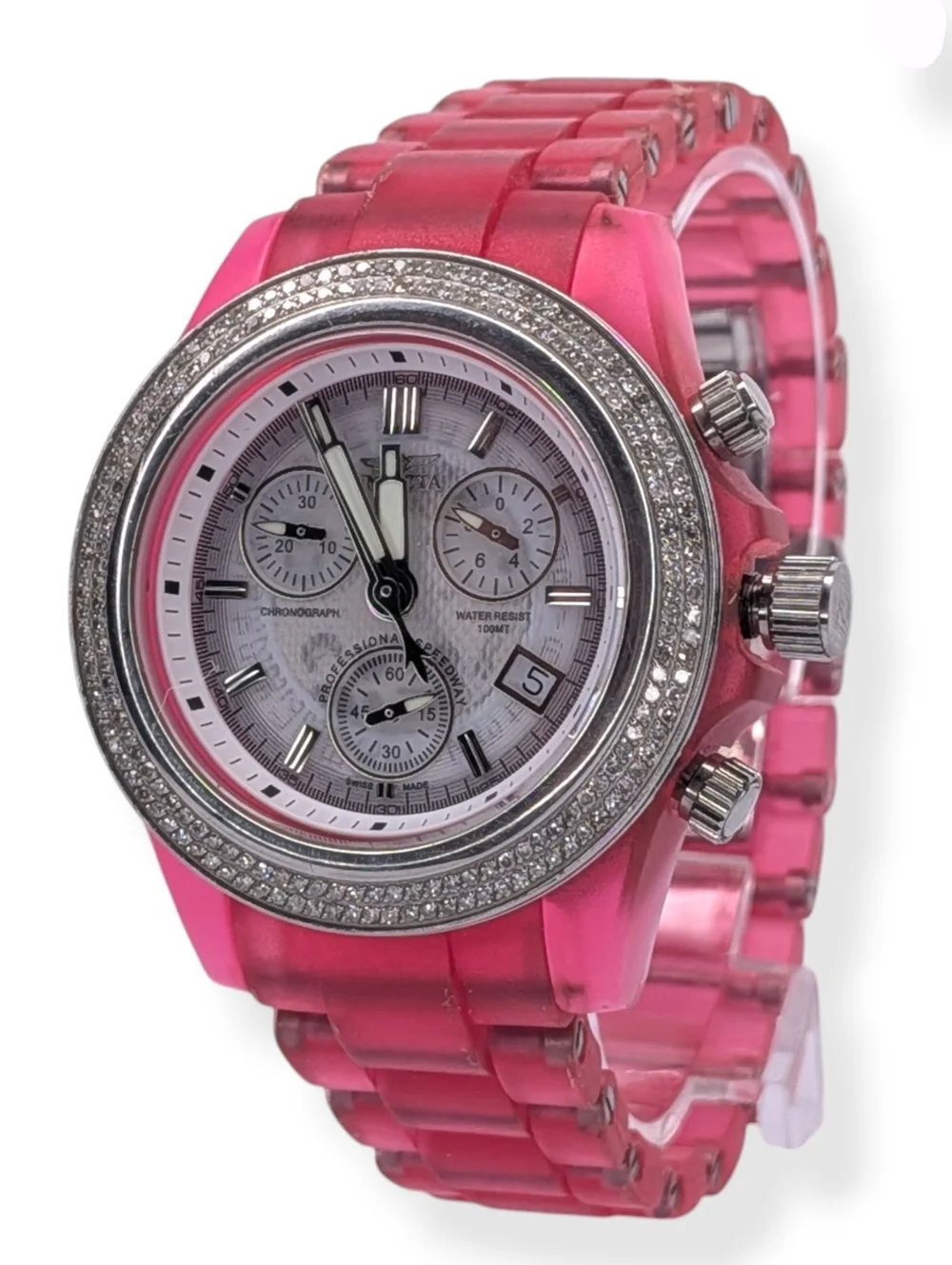 Invicta Chronograph Watch Swiss Movement Silicone Strap Diamond Bezel Pink 3121